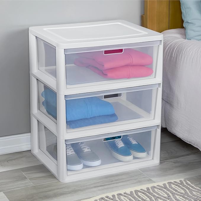 Plastic Drawer Wide Tower Plastic Storage Cart with Clear Pull Out Drawers, Black (White, 3 Drawer Wide Tower Broad)