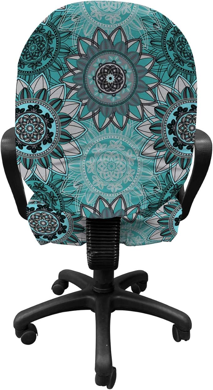 Ambesonne Mandala Office Chair Slipcover, Hippie Oriental Abstract Motifs Traditional Round Spring Inspired Design, Protective Stretch Decorative Fabric Cover, Standard Size, Turquoise Black
