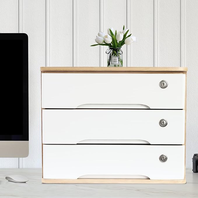 Wood Desk Organizer with 3 Drawers, Lockable Desktop Countertop Storage Cabinet for Home Office Supplies File Tabletop Organizing Unit, 15.75" x 11.02" x 12.2" (Wood)