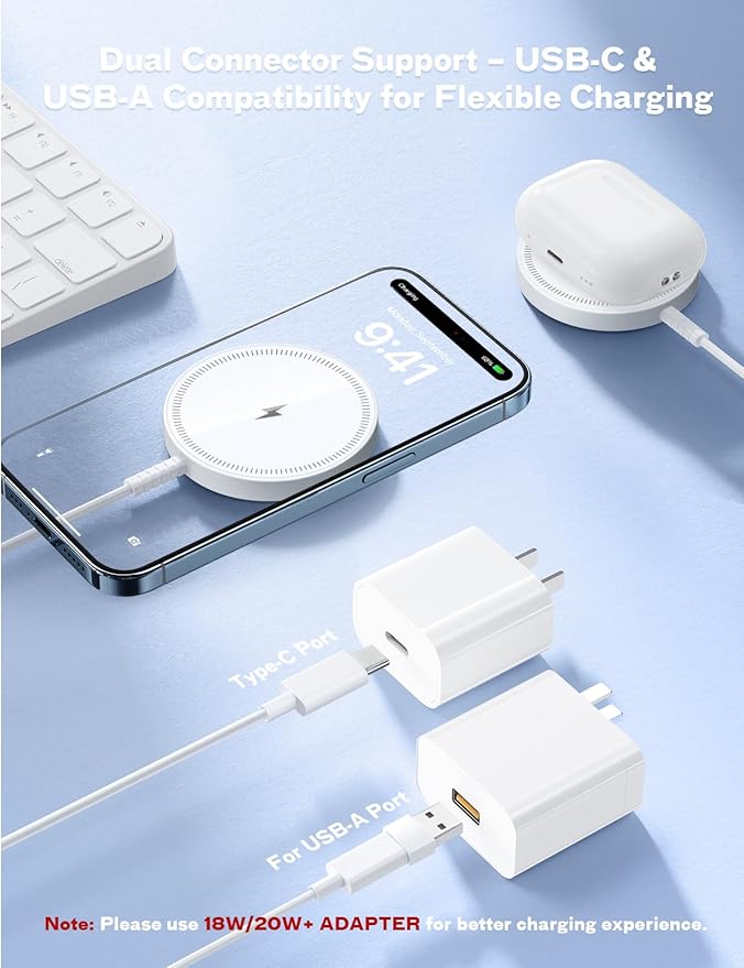 Magnetic Wireless Charger Fast Charge Strong Magnet Charging Pad for iPhone 17/16/15/14/13/12 - Series&AirPods Pro 4-2, Daul Ports, Case-Friendly, Ultra-Slim & Portable for Travel Nightstand Desk