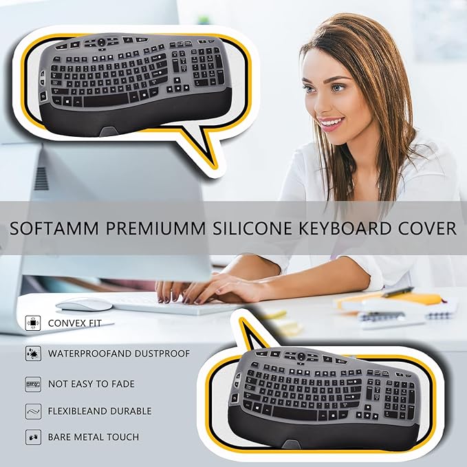 Keyboard Cover for Logitech K350 MK550 MK570 Wireless Wave Keyboard,Utra-Thin Silicone Keyboard Protector Skin for Logitech K350 MK550 MK570 Ergonomic Keyboard Protective Accessories(Black)