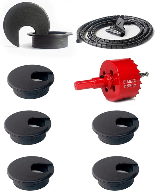 6 Pack Desk Grommet 2 Inch (50 mm) Bi-Metal Hole Saw Kit with Cord Wrap Coiled Tube Management,2 m Cable Sleeve Organizer with Table Hole Cover