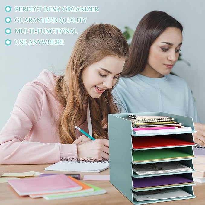 Tatuo 6 Pack Stackable Paper Trays Plastic Letter Tray Desk Organizer Paper Holder Organizer Storage Office Desk Accessories for Classroom Magazine File Documents 12.8 x 9.45 x 1.97, Blue Green