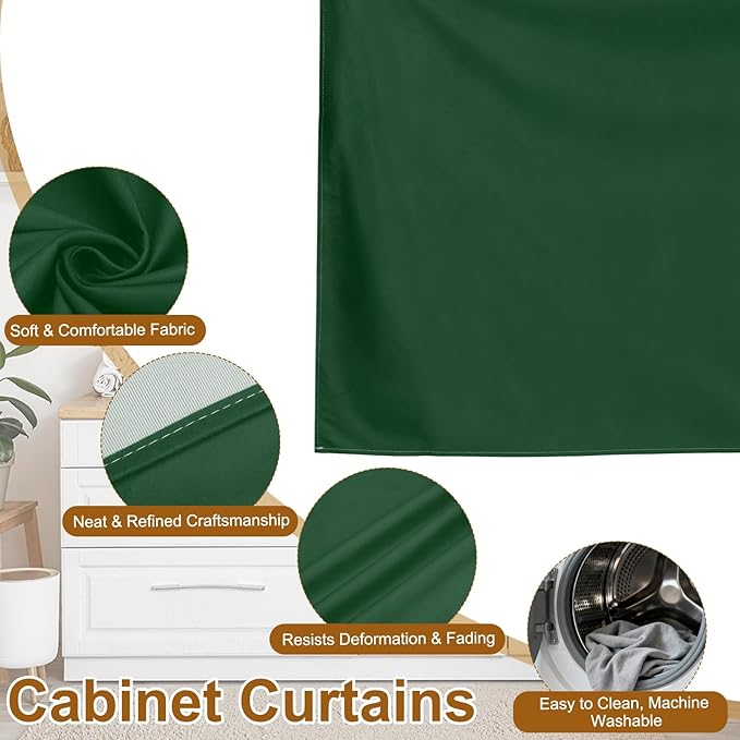 uxcell Cabinet Curtains, Dust Proof Privacy Drape Short Curtain, Hook & Loop Under The Desk Skirt for Kitchen Bathroom Closet Storage Room (35.4" W x 27.6" H, Dark Green)