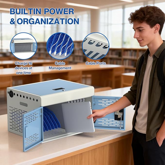 16-Unit Charging Cabinet for Laptops & Tablets - Locking Laptop Storage Box with Cable Management, Charger Storage, and Ground Protection for Classroom, Library, and Office(Blue)
