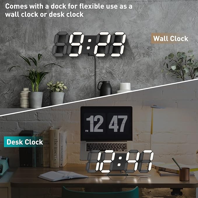 3D LED Clock Desk Alarm Clock Wall Clock with Remote Control, 9.7" LED Electronic Clocks, Snooze Model, Temperature, Night Light Auto/Custom Brightness