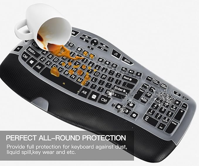 CaseBuy Keyboard Cover with Large Letters Compatible with Logitech K350 MK550 MK570 Wireless Wave Ergonomic Keyboard Protector with Oversized Print Letters -Black