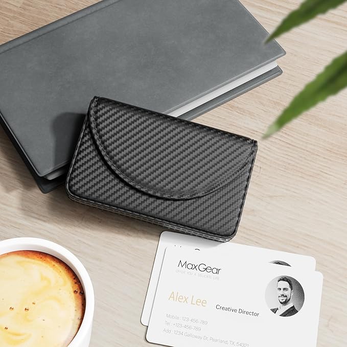 MaxGear Business Card Holder Case, PU Leather Business Card Case for Purse, Pocket Travel Name Card Holder Wallet for Men or Women Gift, Portable Magnetic Business Card Carrier, Slim, Black Carbon
