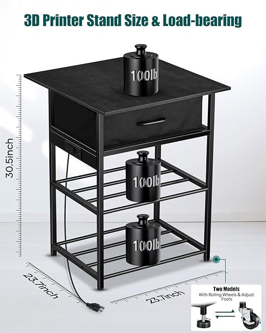 AHOWPD 3D Printer Table with Filament Storage - 3D Printer Stand Shelf Filament Storage Rack with Wheels Heavy Duty 3D Printer Cart Desk with Drawer for Workshop Studio Office