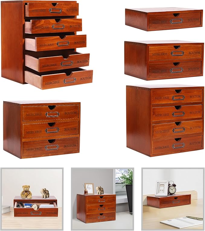 15-Drawer Wooden Desk Organizer Storage Box with Label Holders Vintage Wood Desktop Organizer, Desk Drawer Unit Collectors Box for Living Rooms, Bedrooms, Offices (Brown, 5PCS 15 Drawers)