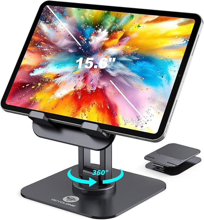 OCYCLONE iPad Stand, 360° Rotating Adjustable Foldable iPad Tablet Holder for Desk Compatible with Kindle Tablet iPad 4" - 15.6" Portable Monitor Stand, Black