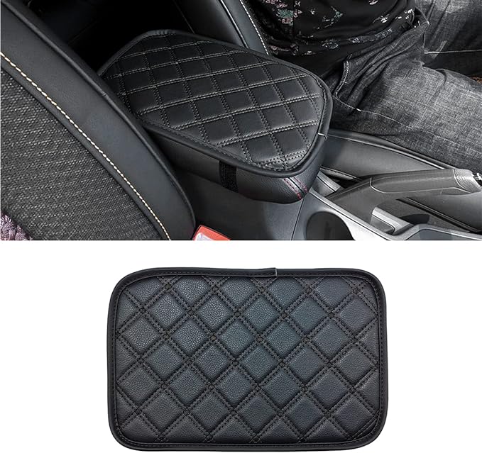 8sanlione Car Leather Center Console Cushion Pad, 11.4"x7.4" Waterproof Armrest Seat Box Cover Fit for Cars, Vehicles, SUVs, Comfort, Car Interior Protection Accessories (Black-2)