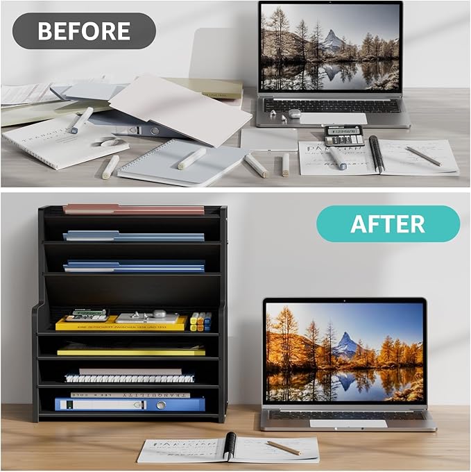 7 Tier Black Desk Organizer with File Holder, Wood Desktop Paper Organizer for Office Organization, Vertical Document Sorter and Letter Tray for Desk, School Storage Orgnizer Shlef