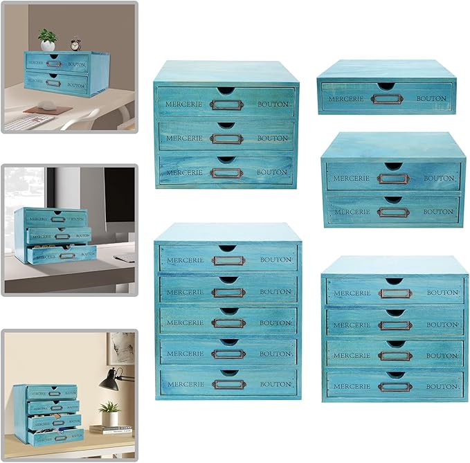 15-Drawer Wooden Desk Organizer Storage Box with Label Holders Vintage Wood Desktop Organizer, Desk Drawer Unit Collectors Box for Living Rooms, Bedrooms, Offices (Blue, 5PCS 15 Drawers)