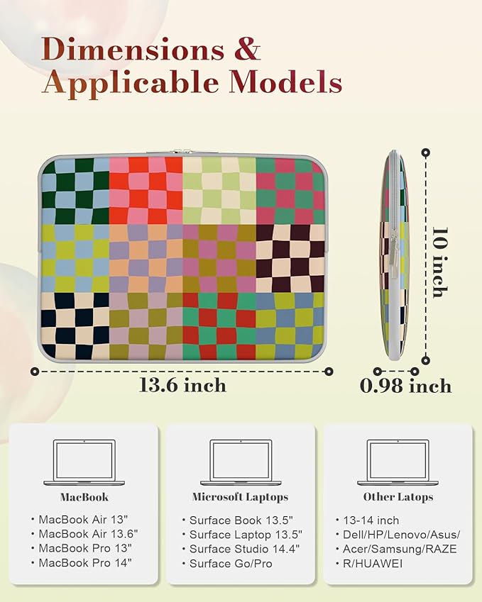 iCasso Laptop Sleeve 13 inch for MacBook Air 13-13.6 inch, Cute Laptop case for MacBook Neo/Pro 13 inch, Slim Protective Travel Carrying Case Sleeve for 14 inch Chromebook, HP, Dell, Checker