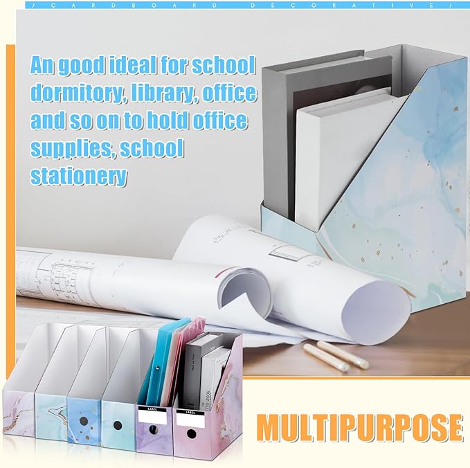 PerKoop 12 Pcs Decorative Magazine File Holders Floral Foldable File Folders Magazine Storage Boxes Rack Desk Organizer Documents with Printable Labels for School Office Home (Marble)