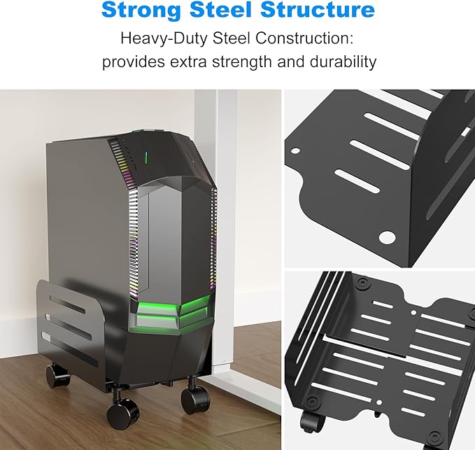 suptek Computer Tower Stand,Mobile CPU Rolling Stand, 5.5 to 9.8 inch Wide Adjustable Mobile Cart Holder with Locking Caster Wheels,Gaming PC Holder,Steel Rolling Cart,Black(ZJJ005)