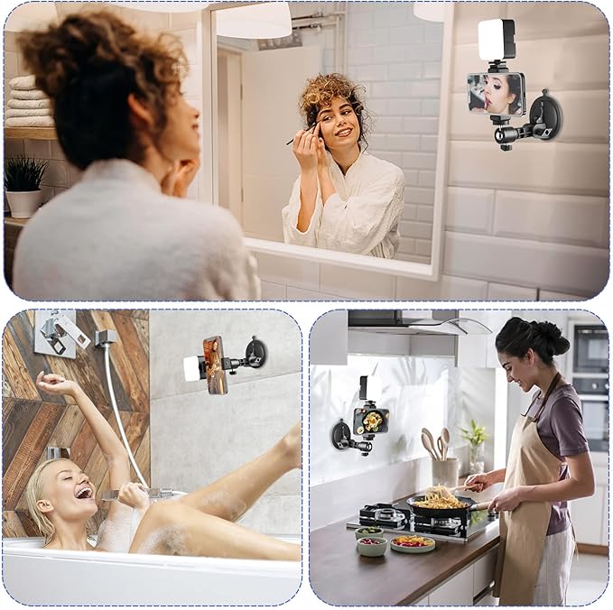 LenTok Suction Cup Mirror Phone Holder with Light, Travel Wall Phone Camera Mount for Makeup Content Creator Essentials, Mirror Tripod for Bathroom Kitchen Compatile with All Smooth Surface