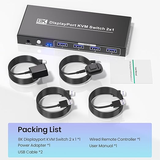 Displayport KVM Switch 1 Monitor 2 Computers, 8K@60Hz 4K@120Hz 2 Port DP KVM Switch with 4 Port USB 3.0 Hub for 2 Computers Share 1 Set of Keyboard, Mouse and 1 Monitor