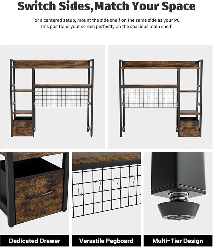 Desk Hutch for Computer Monitor, 38.6" Over Desk Shelf with Grid Panel & Woven Drawer, 4-Tier Sturdy Metal and Wood Tabletop Storage Rack for College Dorm, Home Office, Rustic Brown