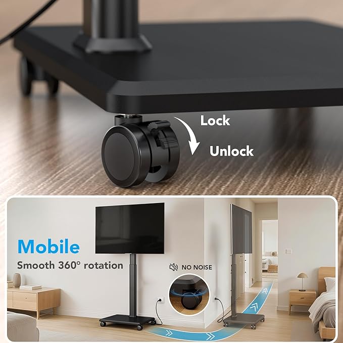 AX WABER Mobile TV Stand with Power Outlets, Floor Portable TV Stand with Wheels for 27-65Inch LCD LED OLED Flat/Curved Panel Screen TVs, Swivel,Height Adjustable&Wood Base, RollingTV Cart Black