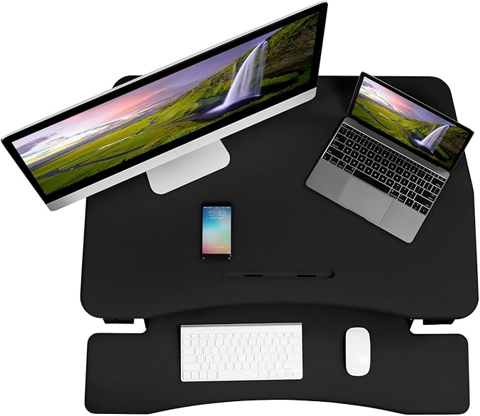 Mount-It! 35.5" Standing Desk Converter with Keyboard Tray – Adjustable Sit Stand Desk Riser for Dual Monitors – Dual Gas Spring Height Adjustable Desktop Workstation Topper – Black