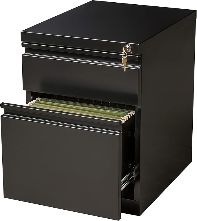 20 Inch Deep Metal Mobile Pedestal File 2 Drawer Box-File with Full Width Pull, for Home and Office, Holds Letter Width Hanging Folders, Black