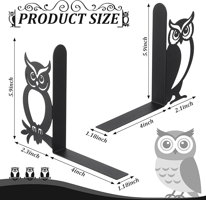 Geelin Owl Bookends for Shelves Decorative Metal Book Ends Set of 2 Styles Vintage Style Black Owl Design Heavy Duty Non-Slip Book Holders for Home Library Office Decor Gift for Reading Lovers