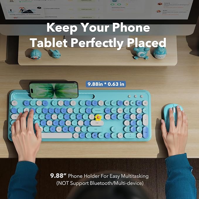 Wireless Keyboard and Mouse Combo, Retro Round Keycaps, Full-Size Cute Typewriter Keyboard with Large Phone/Tablet Holder, Auto-Sleep, 2.4GHz Cordless Connection for Windows/PC/Laptop (Sky Blue)