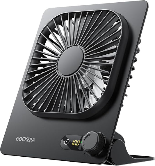 GOCKERA Desk Fan, 6.61''Ultra-thin Battery Powered Fan with Powerful Wind,100 Speeds Adjustable&Digital Display,Timer,Ultra-quiet Small Portable Fan for Bedroom,Office,Travel (Black, 2000mAh)