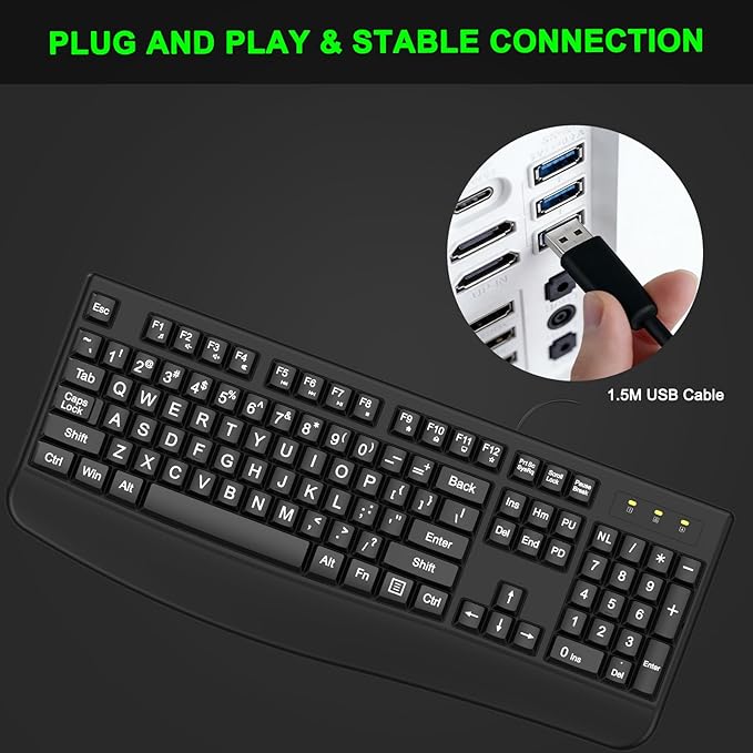 QUASIO Large Print Keyboard, 2.4G Full-Sized Ergonomic WiredComputer Keyboard with Wrist Rest for Windows, Mac OS Laptop/PC/Desktop/Notebook(Large Print Black)