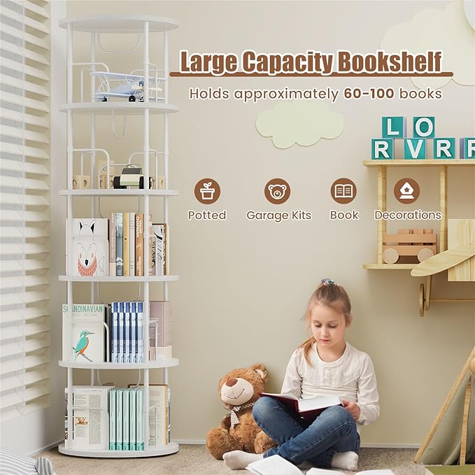 ALLSTAND 5 Tier Rotating Bookshelf, 360 ° Display Stackable Spinning Bookshelf Tower, Corner Bookshelf Tall Floor Standing Swivel Bookcase Narrow Storage Organizer for Bedroom, Living Room, White