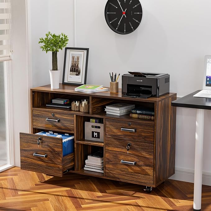 VINGLI Dark Brown Wood Lateral File Cabinet with Lock, 4 Drawer & 4 Open Shelves, Rolling File Cabinet for Home Office, Letter Sized