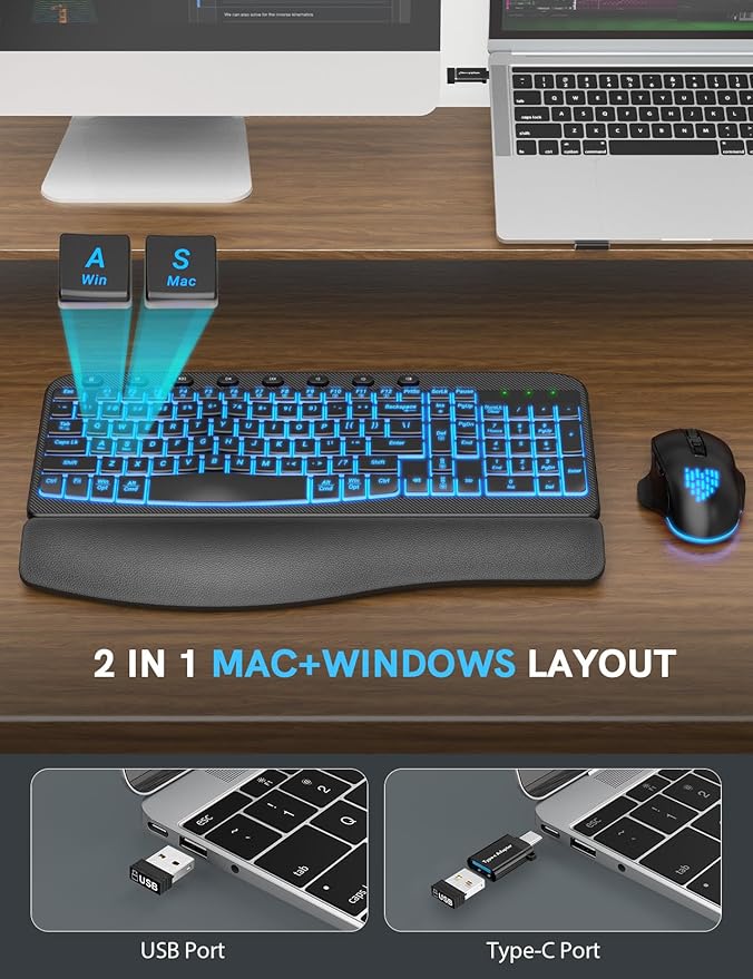 SABLUTE Wireless Keyboard and Mouse Combo Ergonomic - MA12Pro Wave Keyboard with Leather Wrist Rest for Comfortable Typing, RGB Backlit Rechargeable for Windows, Mac, PC, Laptop