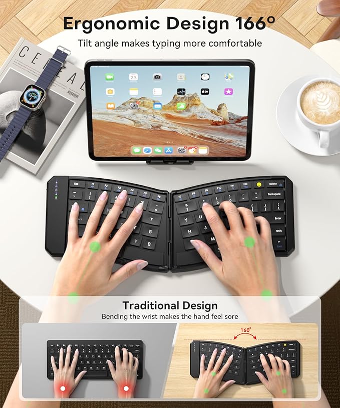 Ergonomic Foldable Keyboard, Portable Folding Travel Bluetooth Keyboard for Business and Travel, 3 Devices Dual-Mode(2.4G+BTx2) Ultra Slim Wireless Keyboards for Windows, iOS, Android, Use on the Leg