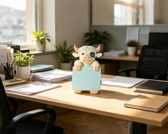 Highland Cow Pop-up Sticky Note Dispenser, Includes 1 Pad of 3x3 in Super Sticky Notes, 100 Sheets, Resin Cute Handmade Desk Holder for Office & Home-Blue
