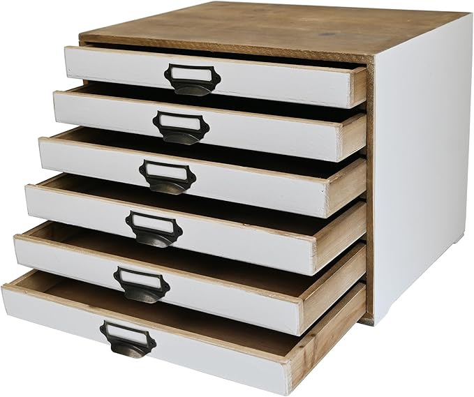 Vintage 6-Drawer Wooden Desktop Organizer Cabinet, Rustic Distressed Wood Card Catalog Cabinet, Antique Storage Box for Jewelry Cosmetics Craft Paper Home Office Decor (White)