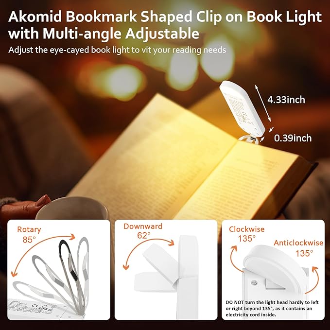Akomid Book Light USB Rechargeable Clip on Reading Light, Eye-Cared Amber Light Mode Book Light for Reading in Bed Kids, 8 LEDs Bookmark Portable Stepless Dimming, White