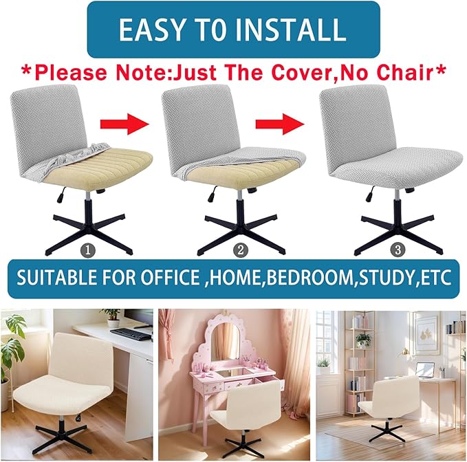 Vanity Chair Cover Criss Cross Chair Cover Elastic Armless Chair Slipcover Armless Chair Covers Office Chair Covers (Cream,Just The Cover,No Chair)