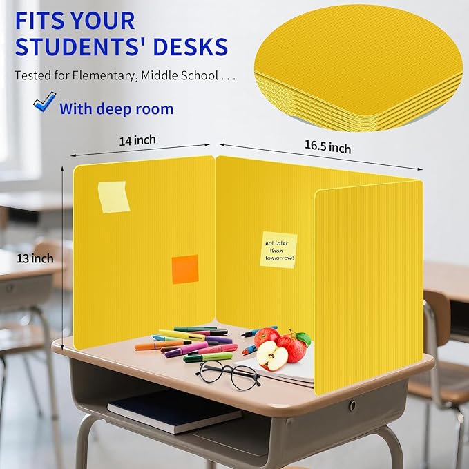 2 Pack Yellow Desk Dividers for Students, Privacy Shields Folder for Students, Durable & Waterproof Plastic Study Board, Classroom Teacher Supplies Test Divider, Includes Extra Labels