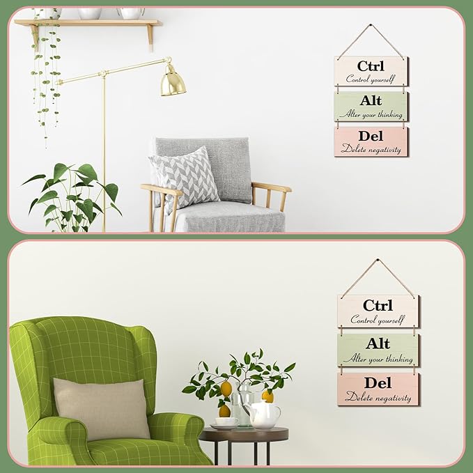 Qunclay 3 Pcs Office Wall Decor Boho Leaves Wood Rustic Hanging Cubicle Decor Summer Inspirational Ctrl Alt Del Sign Decoration for Bathroom Indoor Home Living Room