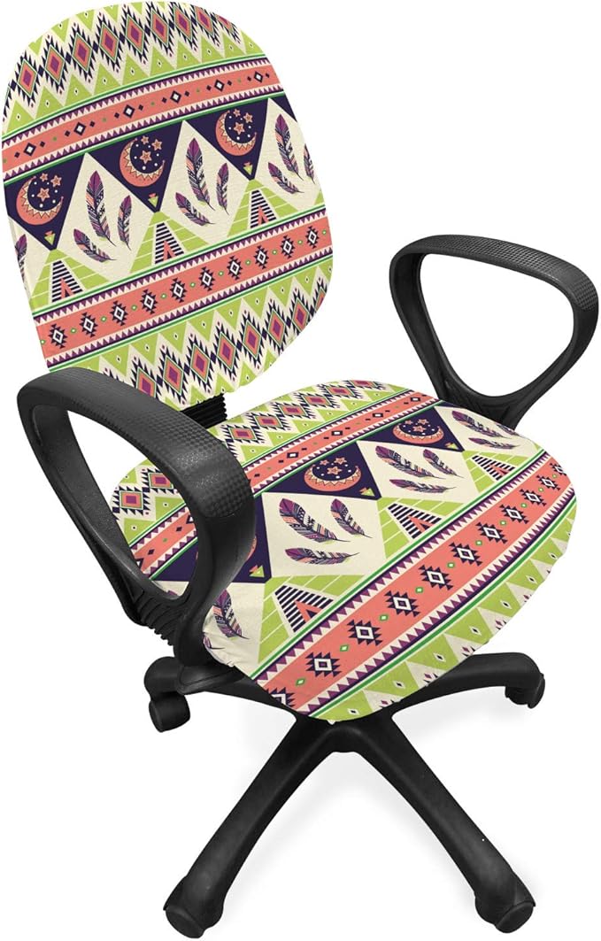 Ambesonne Aztec Office Chair Slipcover, Bohemian Composition of Crescent Stars and Feathers, Protective Stretch Decorative Fabric Cover, Standard Size, Green Coral
