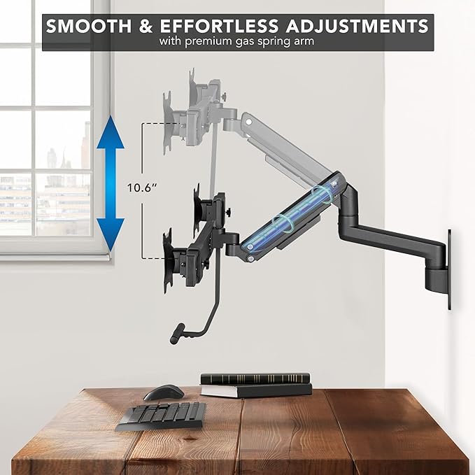 Mount-It! Proflex Dual Monitor Wall Mount, Gas Spring Arm with Crossbar, Fits 17–32″ Screens up to 19.8 lb Each, Height Adjustable Full Motion Tilt Swivel Rotate, VESA 75, 100 mm, Premium Setup