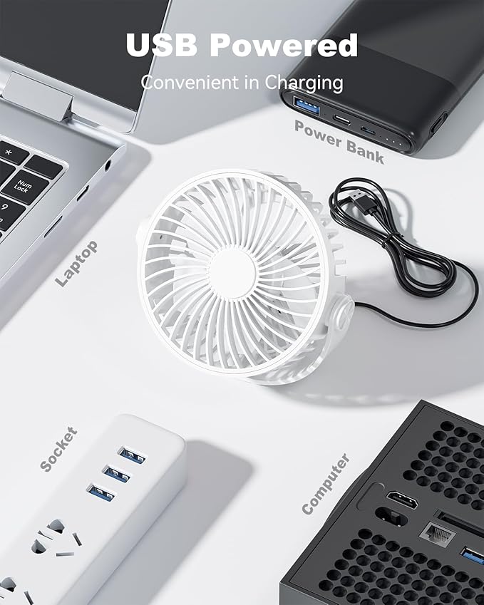 Edvision USB Desk Fan, 5 Inch Mini Portable, 3 Speeds Strong Airflow Personal Desktop, Detachable Cooling Fan 360° Rotation Quiet Small Fan for Desk Home Office Travel Car, White, 5ft Cable