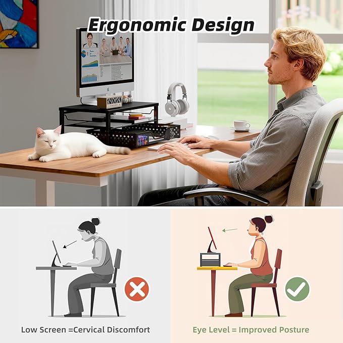 Simple Trending 2-Tier Computer Monitor Stand Riser with Drawer, Desk Organizer for Home Office, Black