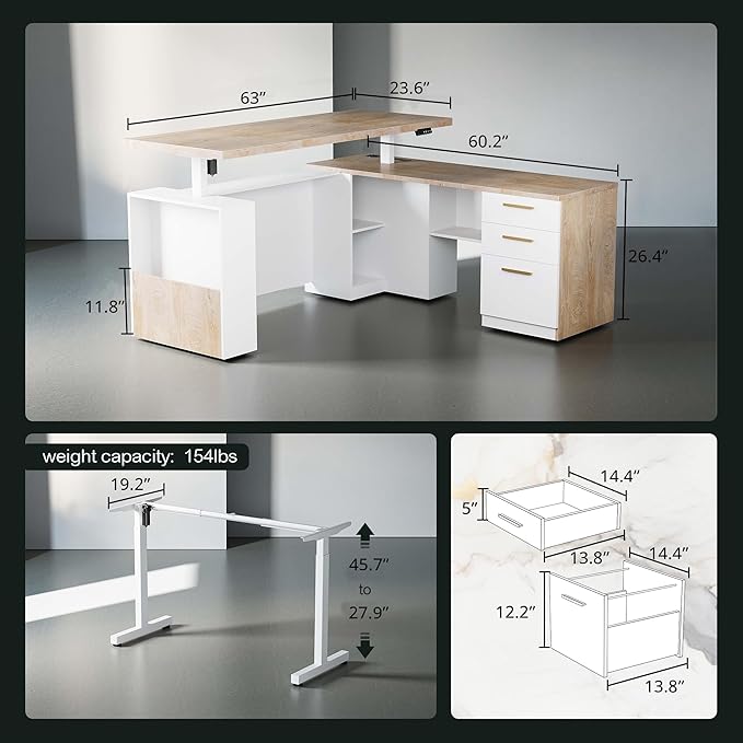 ModernMate 63" Standing Desk with File Cabinet, Privacy Panel, AC/USB, 1.18" Desktop, Executive L Shaped Height Adjustable Electric Stand Up Desk, Home Office Table with 3 Drawers, Light Walnut