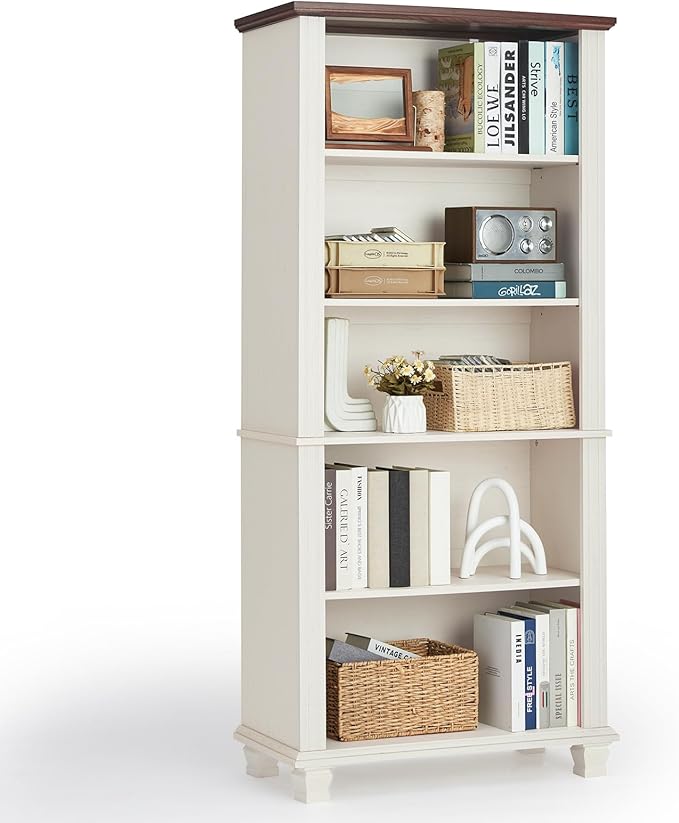 SAVOR LIFE 70" Tall White Bookshelf,5 Tier Wood Book Shelf with Adjustable Shelves & Wood Legs,Free Standing Farmhouse Bookcase with Open Display Storage,Vintage Kids Bookshelves for Nursery,Bedroom