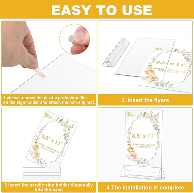 EHWINE 8 Pack Acrylic Sign Holder 8.5 x 11, Double Sided Clear Picture Frame Stand up Table Top Sign Holders, Clear Display Stand Menu Flyer Holder for Wedding Party (Provide Non-slip Mats)
