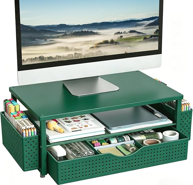 Spacrea Desk Organizer and Accessories, Computer Monitor Stand Riser with Drawer and 2 Pen Holders, Office Desk Accessories & Workspace Organizers for Office Supplies (Dark Green)