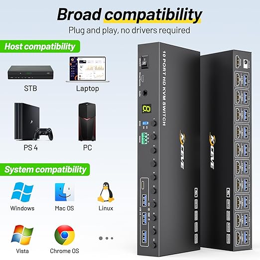 10 Port 8 Port KVM Switch HDMI 4K@60Hz EDID Simulation, USB 3.0 HDMI KVM Switch for 10 Computers Share 1 Monitor and 4 USB Devices, KVM Switches with Audio RS232 Wired Remote 12V Power and USB Cable